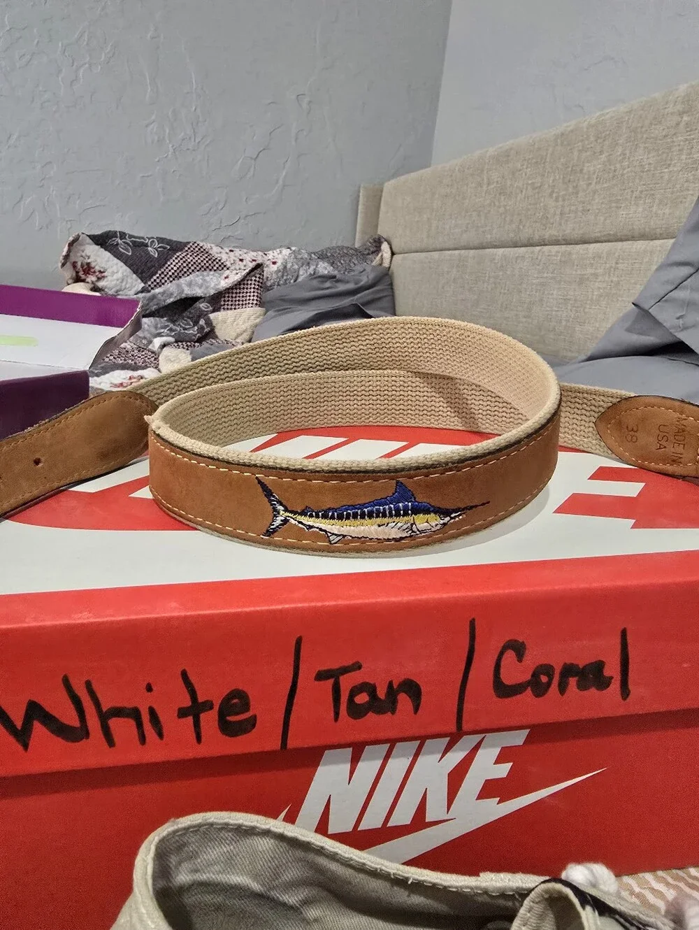 Leather And Canvas Zep-Pro Belt For with Blue Marlin Embroidery Yacht Profile Pi